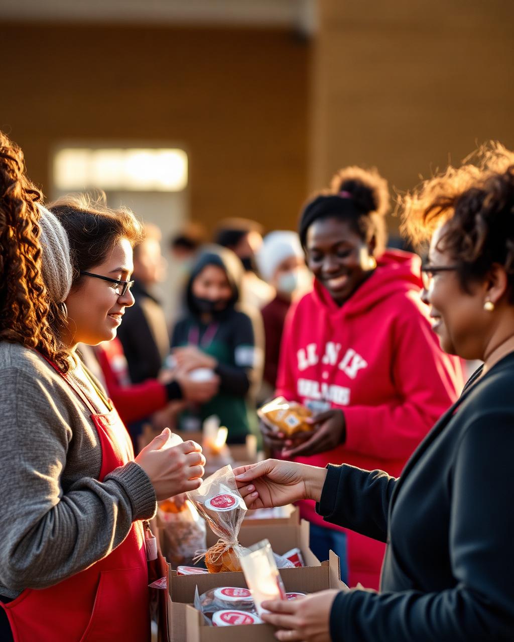 Volunteers handing out food at a community charity event