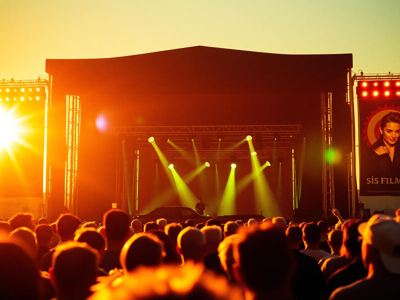 A festival stage glowing at sunset